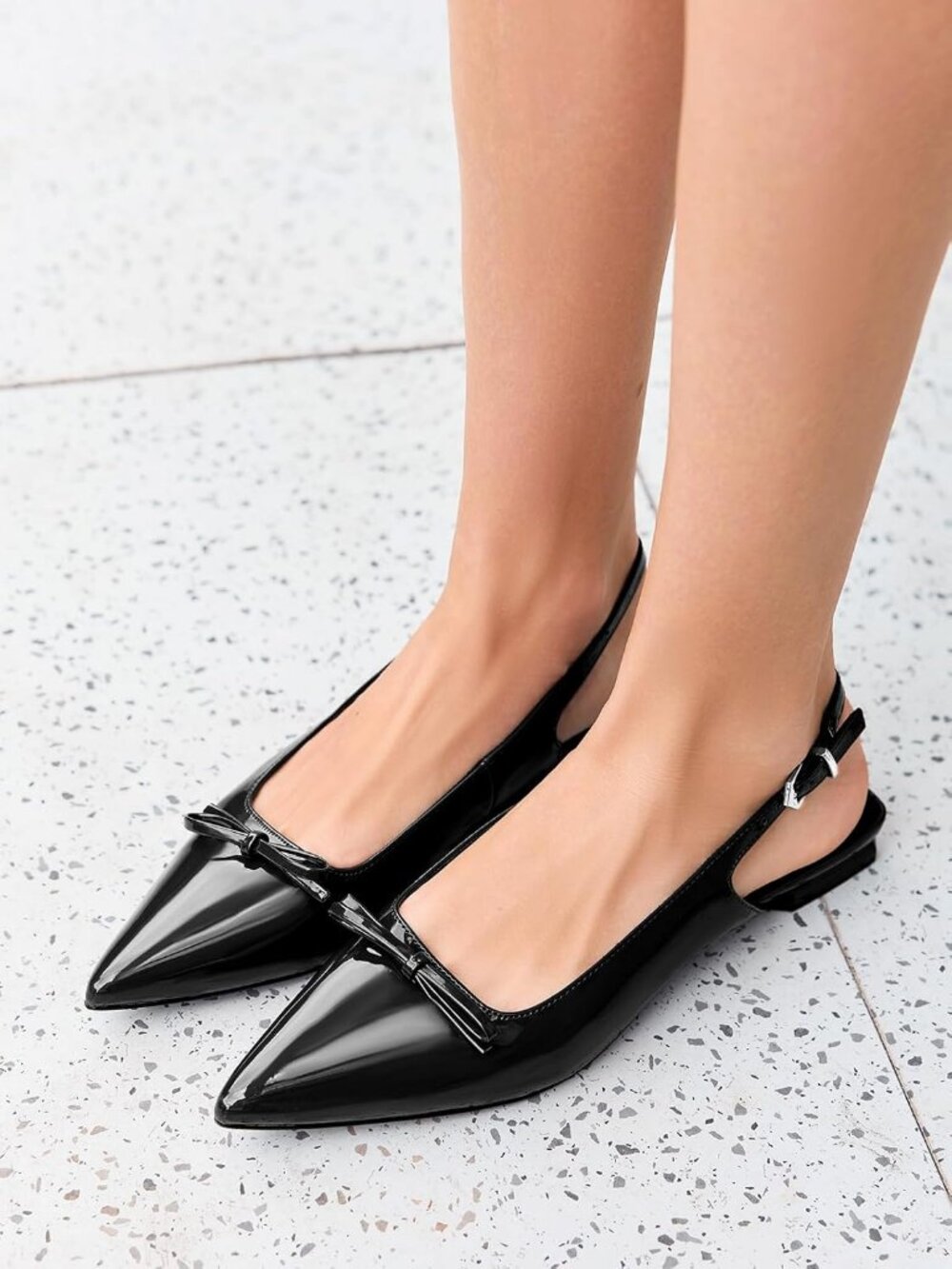 Women's Black Flats Pointed Toe Bow Ballet Low Heel Shoes Adjustable Buckle - Picture 3 of 5